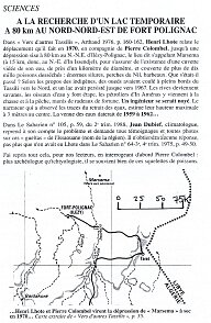 A LA RECHERCHE D'UN LAC TEMPORAIRE A 80 km AU NORD-NOR+-EST DE FORT POLIGNAC explication de l'origine du nom donné au Lac dans le texte. (3è Ligne). Pierre HASCOET